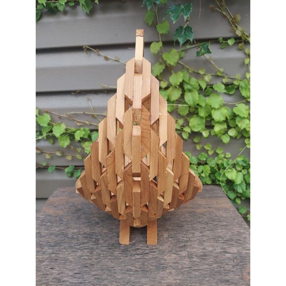 Handcrafted MCM Wooden Basket w/Geometric Architectural Design & Handle - Picture 3 of 5